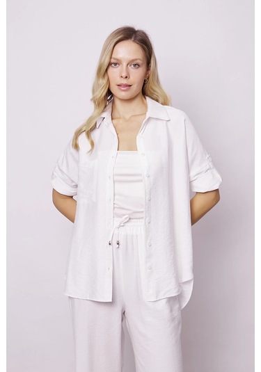 Kadın Keten Görünümlü Kolu Katlanabilir Rahat Kesim Uzun Tunik Gömlek-krem Krem