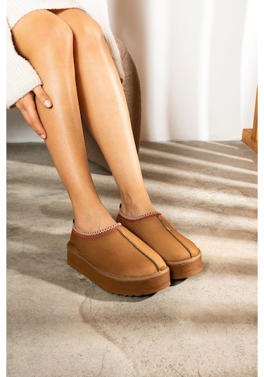 Günlük Kadın Bot Desenli Yüksek Kalıntaban İçi Kürklü Süet Kısa Bootie Hafif U50 Taba