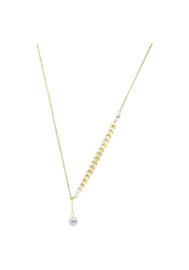 Tesbihane Gold Renk Kararmaz Metal Zincirli Balina Kuyruğu Detaylı İnci Doğaltaş Kombinli Kadın Kolye Gold