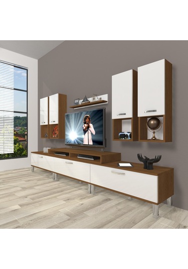 Decoraktiv Ekoflex 8da Slm Krom Ayaklı Tv Ünitesi Tv Sehpası Ceviz - Beyaz
