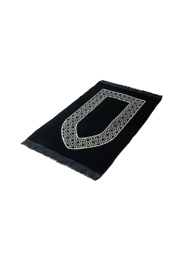 Mihrap Motifli Kadife Seccade Siyah Siyah