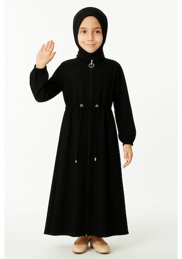 Medine İpeği Beli Lastikli Bağcıklı Çocuk Ferace Siyah Siyah