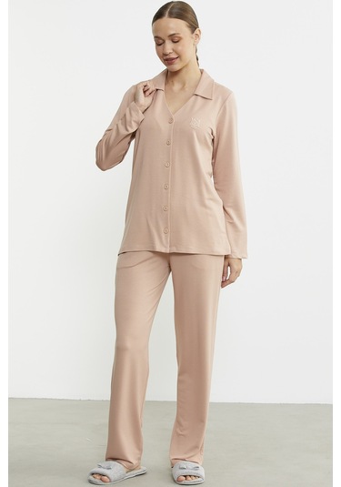 Gömlek Model Nakışlı Pijama Takım - Somon Somon