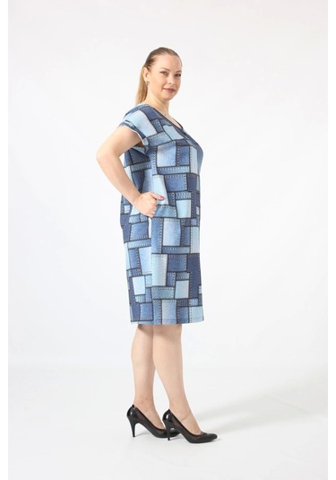 Moda Berray 3290 Kot Görünümlü Cepli Yazlık Dokuma Kumaş Elbise Mavi