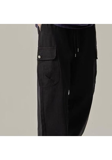 Çok Cepli Amerikan Tarzı Düz Geniş Paça Gevşek Bağcıklı Elastik Bel Erkek Kargo Pantolon Seyahat Günlük Kullanım İçin Sokak Pantolonu Siyah Çok Cepli Amerikan Tarzı Düz Geniş Paça Gevşek Bağcıklı Elastik Bel Erkek Kargo Pantolon Seyahat Günlük Kullanım İçin Sokak Pantolonu Siyah