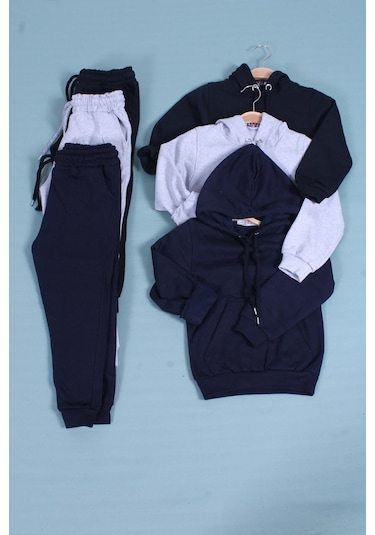 Fyk Kids Düz Kanguru Cepli Erkek Çocuk Alt-Üst Eşofman Takımı 3'lü - Çok Renkli