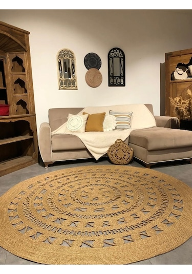 Salyangoz Doğal Hasır Halı Koyu Bambu Yuvarlak Örme Model Kilim Kırcıllı