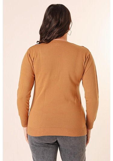 Şeritli V Yaka Büyük Beden Triko Kazak-35336-vizon Vizon