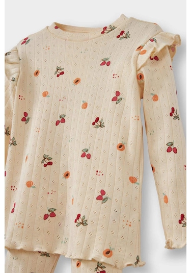 Defacto Kız Bebek Pijama Takımı Meyve Desenli Uzun Kollu Fitilli Kaşkorse Üst Uzun Alt G1524a525wnbg744 Bej