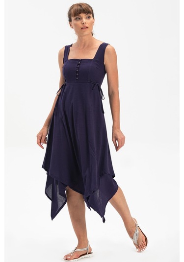 Kolsuz Şile Bezi Üçgen Katlı Midi Boy Yazlık Elbise Mor Mor Mor