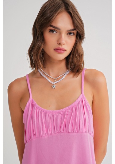 4742 Kadın İp Askılı Büzgü Detaylı Midi Elbise Pembe Pembe