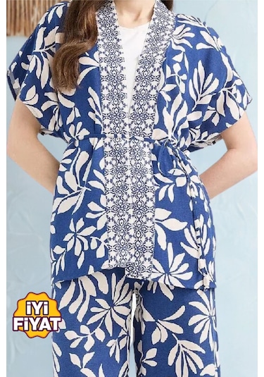 Kadın Regular Fit Desenli Kuşaklı Kısa Kollu Keten Kimono , Plaj Kimono Mavi