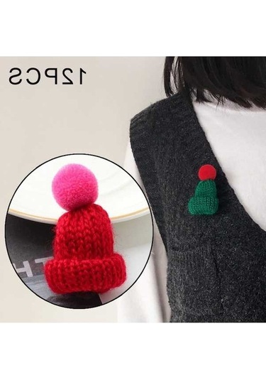 Flybuy Yumağı Tüy Sevimli Şarap Şapka Rozet Pins Örgü Mini Kırmızısı Kazak Broş Adet 12 Ff Çok Renkli