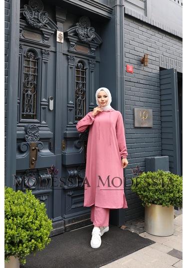 Kadın Pembe Aerobin Uzun Kapşonlu İkili Takım T0221 Pembe