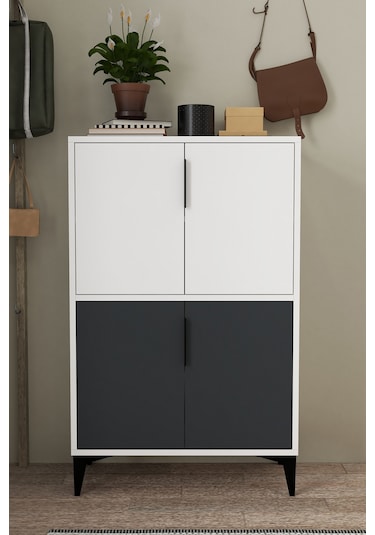 1402 Ada Ayakkabılık 4 Raflı 4 Kapaklı Çok Amaçlı Dolap Kiler Antrasit Beyaz Antrasit - Beyaz