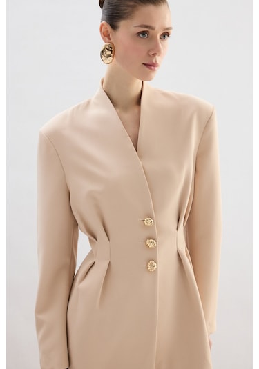 Sateen Gold Düğmeli Uzun Ceket - Bej-136771 Bej