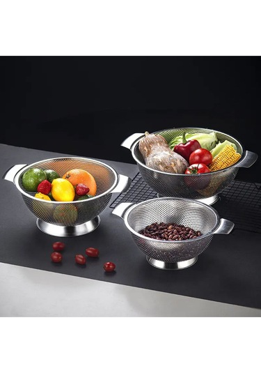 Rocco Gümüş Paslanmaz Çelik Kevgir Karıştırma Kasesi Salata Makarna Sebze Meyve Süzgeç 22,5 Cm Çelik