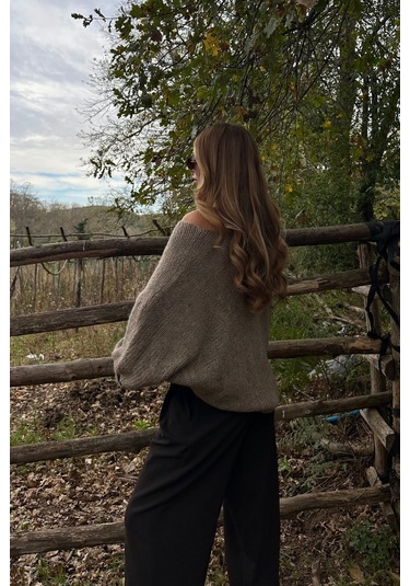 Vizon Kayık Yaka Kazak - 4338 Vizon