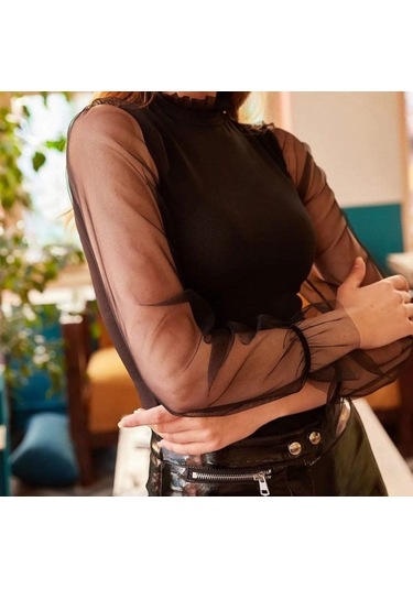 Kadın Örme Krep Kumaş Kolları Dantelli Bluz