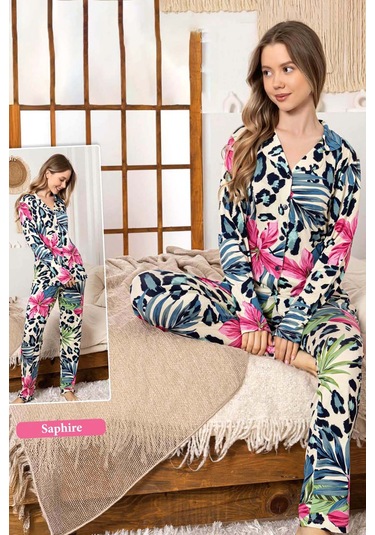 Kadın Tropik Desen Düğmeli Saphire Pijama Takımı 0341 Krem Krem
