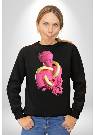 Pop Art Yaratıcı Heykel Pembe Unisex Siyah Sweatshirt Siyah