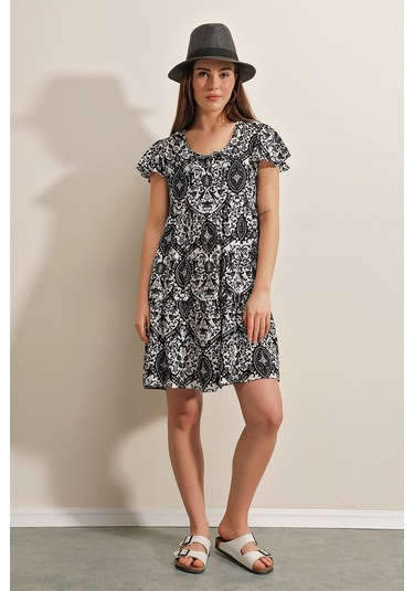 Gabria Yaka Bağlamalı Desenli Elbise Siyah