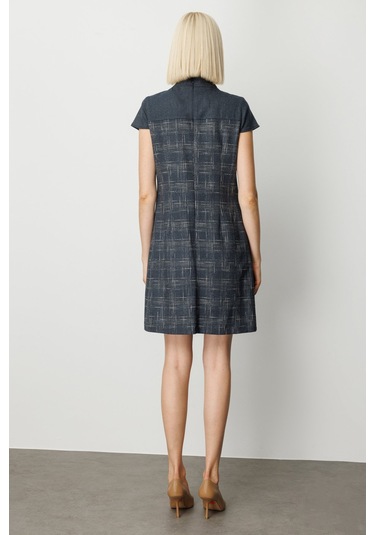 Ekol Kadın Yakası Fiyonk Detaylı Desenli Elbise 4019 Lacivert Lacivert