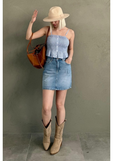 Madmext Bebe Mavisi Ayarlanabilir Askı Pötikareli Crop Mg2371 Bebe Mavisi