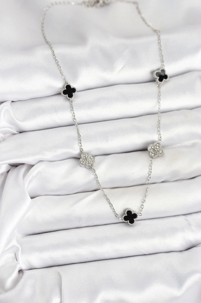 Dodes Dodes 316l Çelik Zincir Gümüş Renk Siyah Ve Zirkon Taşlı Baby Boy Yonca Kadın Kolye Tg27bko105 Çok renkli