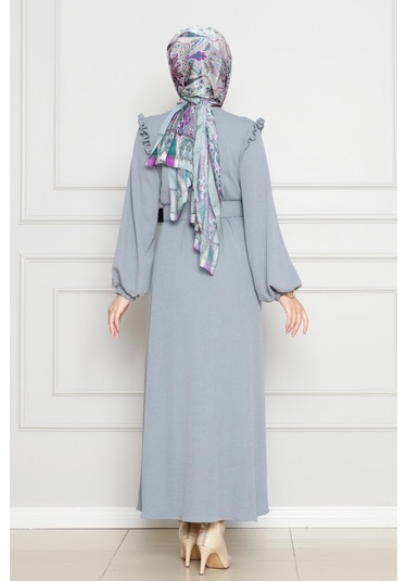 Omuzu Fırfır Kemerli Elbise-gri-4562 Gri