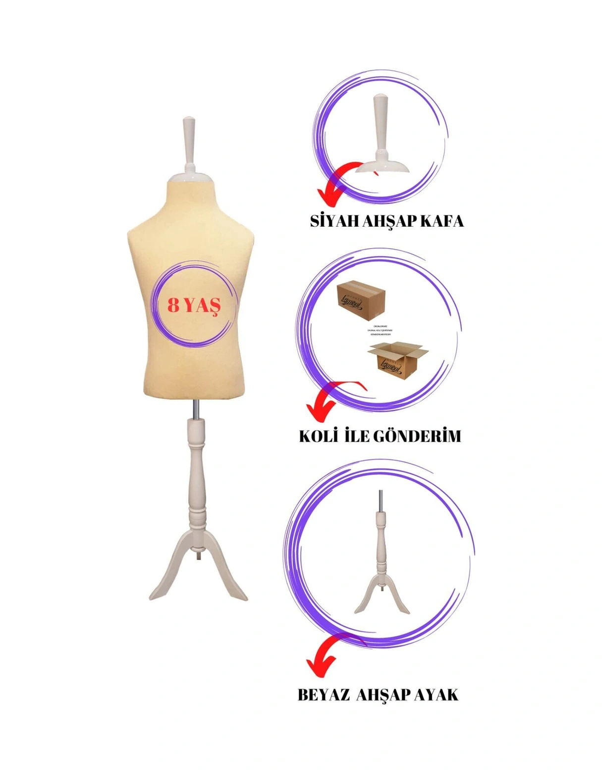 8 Yaş Çocuk Beyaz Üç Ayaklı Krem Kumaşlı Terzi Mankeni