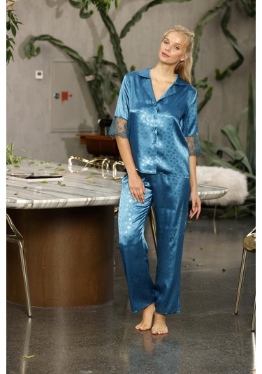Laperissa Kadın Mavi Desenli Saten Düğmeli Pijama Takımı Dantel Kol Detaylı Şık Ve Rahat 2 Li Set Mavi