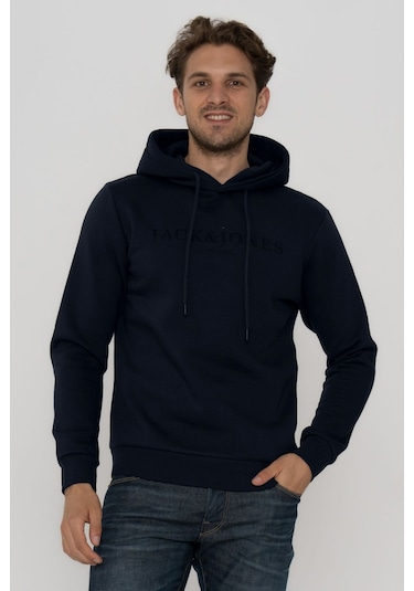 Jack & Jones Erkek Logo Baskili Kapüsonlu Sweatshirt - Luke 12214639 Navy Blazer Bej