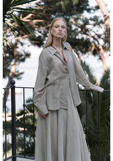 Calynn Sırt Dekolteli Çizgili Haki Keten Gömlek Haki