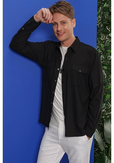 Efor G 1552 Slim Fit Siyah Klasik Gömlek Siyah