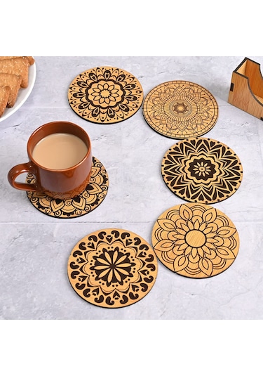 Ahşap Mdf Lazer Kesim Kazıma 6 Lı Kahve Fincan Atlığı, Bardak Altlığı, Sunum Açık Kahverengi