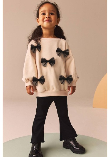 Yumuşak Pamuklu Kumaş Tül Fiyonk Aplikeli Sweatshirt Ve Fitilli İspanyol Paça Tayt Alt Üst Takım Taş Yumuşak Pamuklu Kumaş Tül Fiyonk Aplikeli Sweatshirt Ve Fitilli İspanyol Paça Tayt Alt Üst Takım Taş