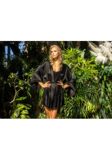 Laperissa Kadın Siyah Parlak Saten Gecelik Ve Sabahlık Takımı Zarif Ve Modern 2 Li Set Siyah