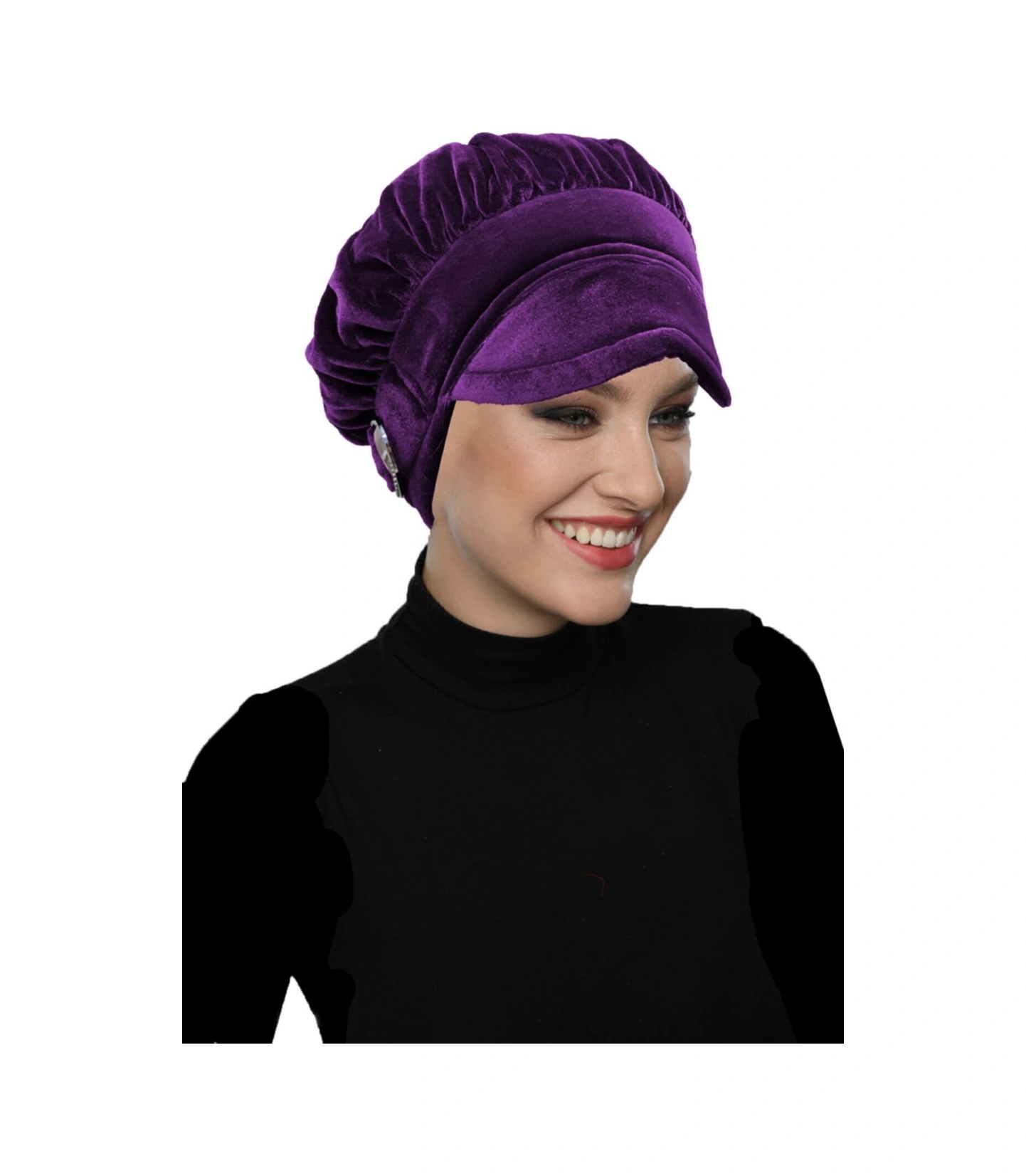 Kadife Şapka Toka Detaylı Mor Hazır Türban Tesettür Bone Mor