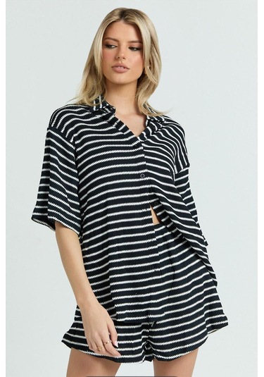 Madmext Siyah Kadın Şort Gömlek Takım Mg2328 Siyah