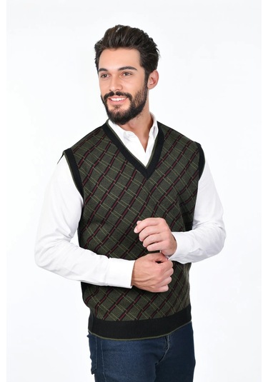 Kamalı Siyah Erkek Çelik Örgü Ekose Desenli Kalın Triko V Yaka Triko Örgü Tüylenmez Süveter Regular Siyah