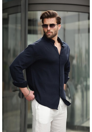 Madmext Lacivert Basic %100 Pamuklu Uzun Kollu Erkek Gömlek E6761 Lacivert