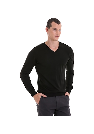 Hatemoğlu Siyah Regular Fit Düz V Yaka Yünlü Triko Kazak Siyah