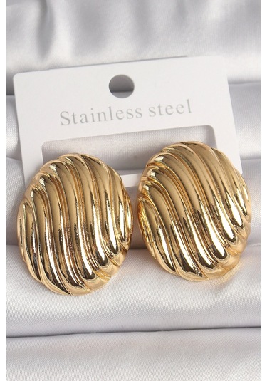 Pirinç Gold Renk İşlemeli Oval Model Kadın Küpe Çok Renkli