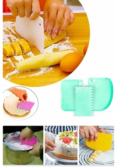 Rotanev 3 Parça Plastik Pasta Hamur Krema Şekillendirici Kesici Kazıyıcı Dekoratör Spatula Set Çok Renkli