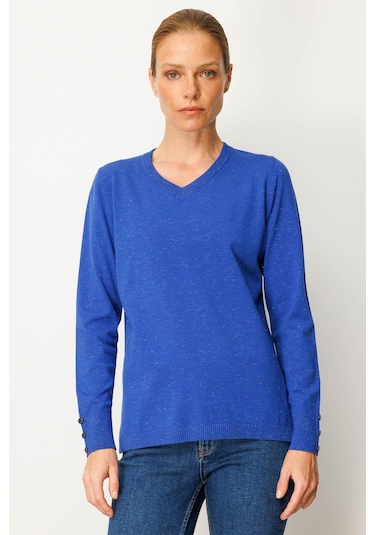 Desen Triko Kadın V Yaka Kolları Düğmeli Simli Bluz 23393 Saks Saks