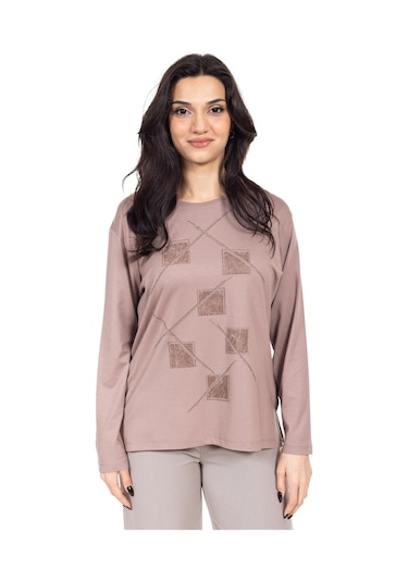 Yeni Sezon Kadın Orta Yaş Ve Üzeri Viskoz Lazer Baskı İşlemeli Lüks Anne Penye Bluz 23350-vizon