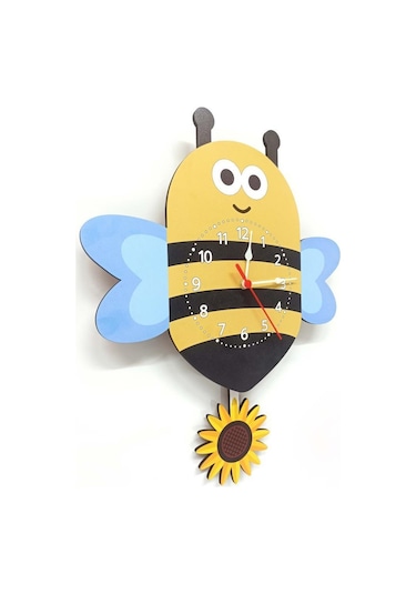 Cajuart Sallanan Sarkaçlı Ahşap Arı Çiçek Çocuk Odası Duvar Saati Ahşap - Renkli