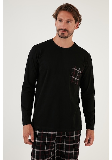 Buratti  Ekoseli Cepli Beli Lastikli % 100 Pamuk Regular Fit Erkek Pijama Takımı 6572001 Siyah