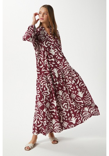 Prive Kadın Showy Bordo %100 Viskon Maksi Boy Elbise Bordo - Krem